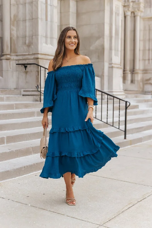 Blue Off The Shoulder Tiered Midi Dress - FINAL SALE