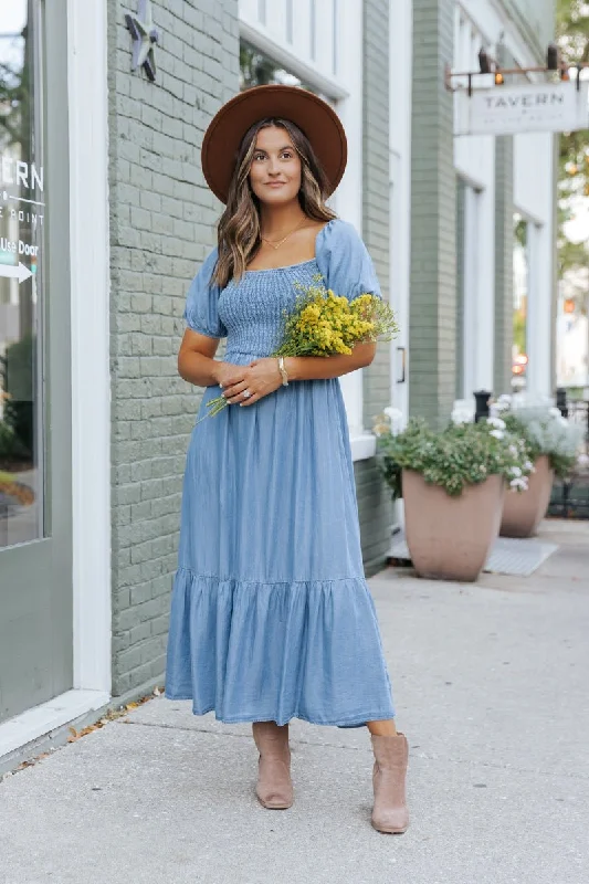 Chambray Puff Sleeve Tiered Midi Dress - FINAL SALE