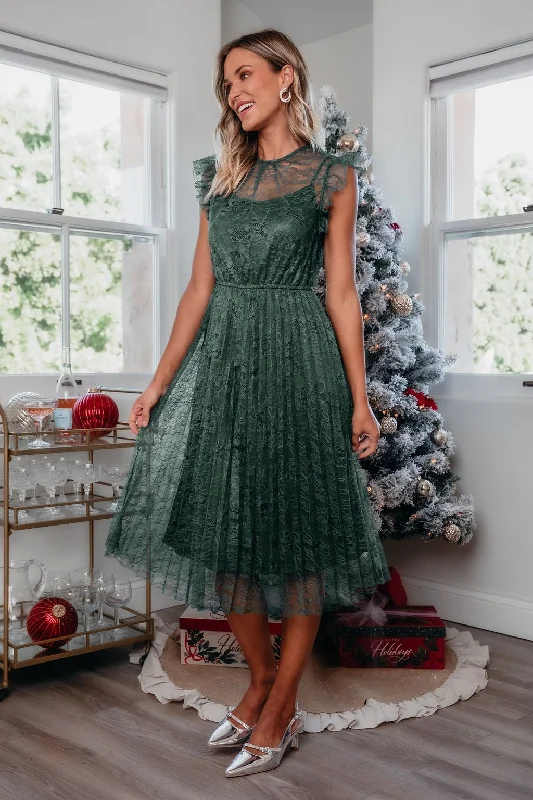 Green Floral Lace Pleated Midi Dress