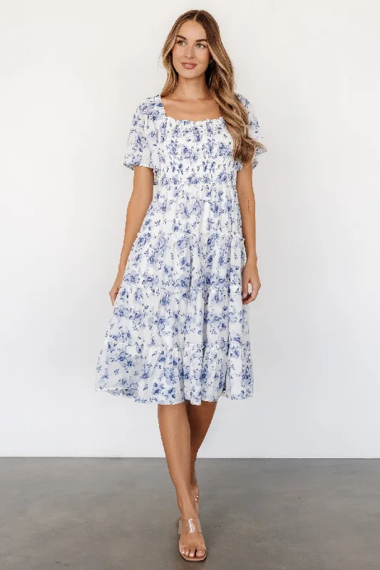 Lilla Tiered Midi Dress | Off-White + Blue Floral