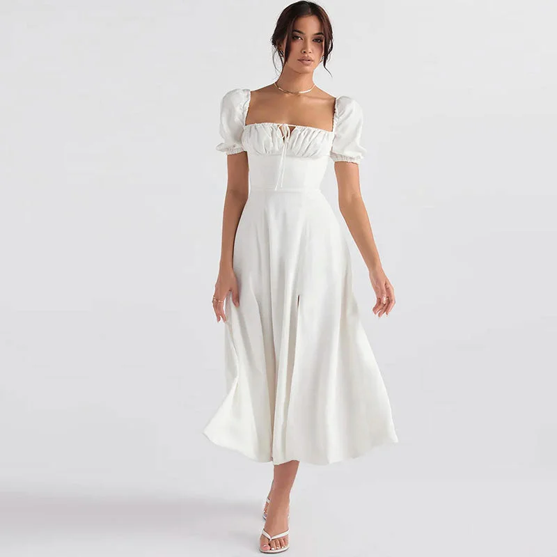 Puff Sleeve Tie Front High Split Off Shoulder Midi Sundress - White