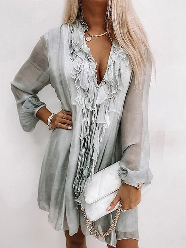 V Neck Long Sleeve Ruffle Midi Dress