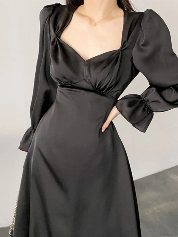 Satin Puff Sleeve Midi Dress