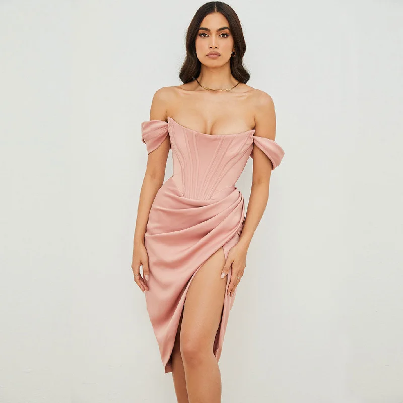 Off Shoulder Draped Corset Cocktail Midi Dress - Pink