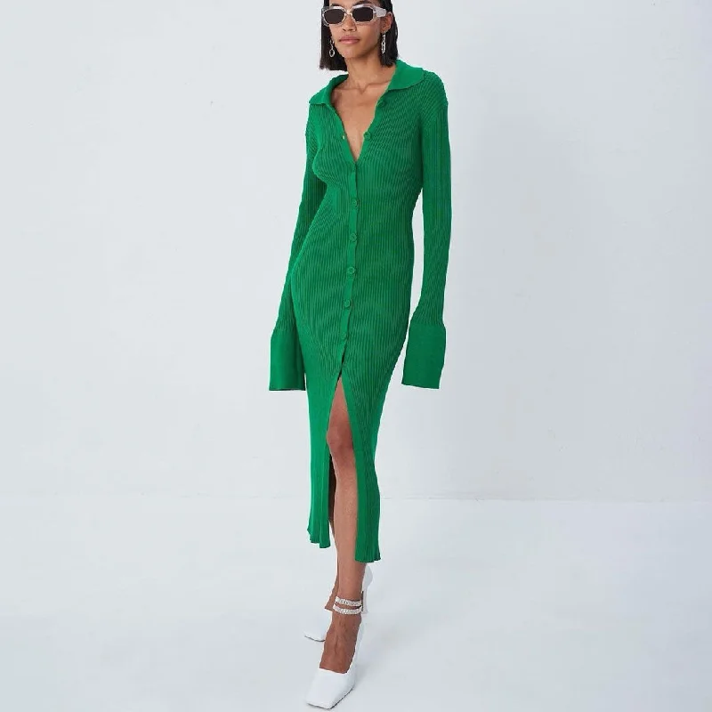 Long Sleeve Split Trim Rib Knit Maxi Dress - Green