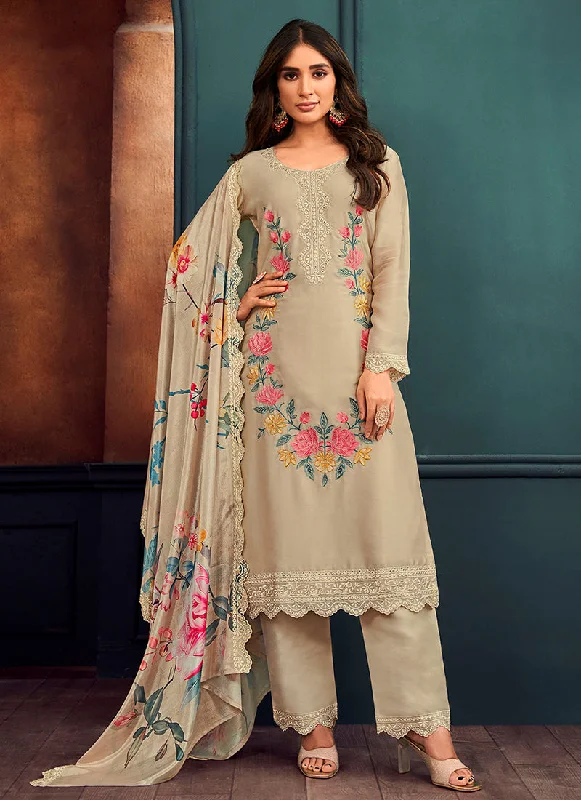 Beige Thread Work Embroidery Pant Style Suit