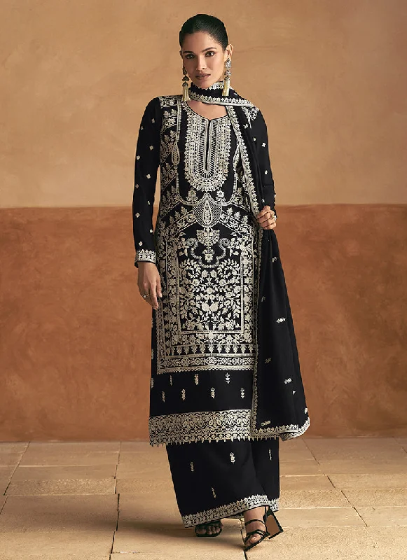 Black Resham Thread Embroidery Palazzo Style Suit