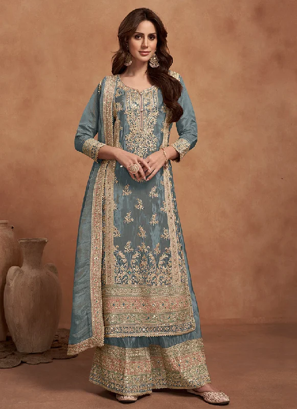 Blue Multi Embroidered Wedding Palazzo Suit