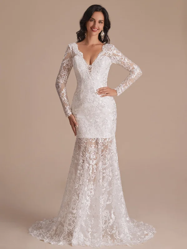 Long Sleeves V-neck Mermaid Backless Lace Wedding Dresses