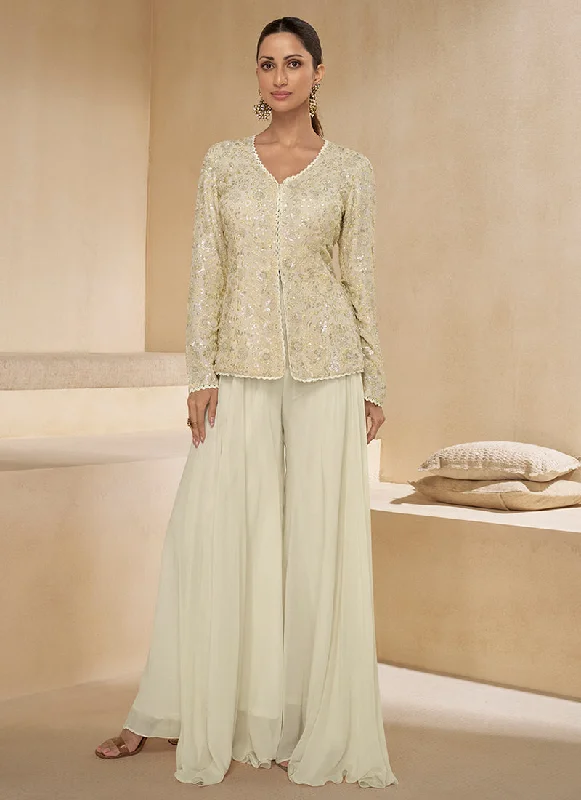 Cream Sequence Embroidery Party Wear Sharara Suit