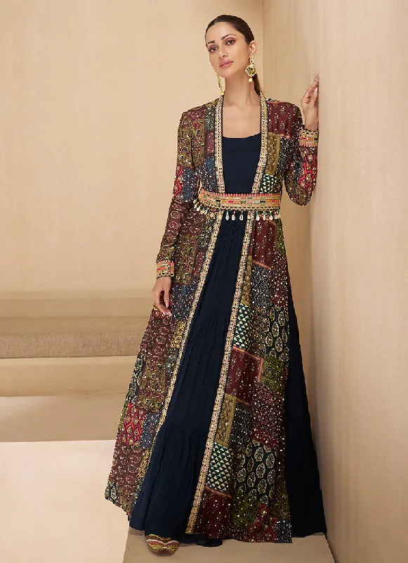 Dark Blue Multicoloured Embroidered Jacket Style Anarkali Gown