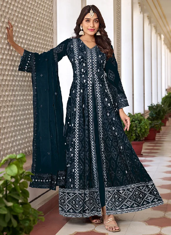 Dark Blue Sequence Embroidery Slit Style Anarkali Pant Suit