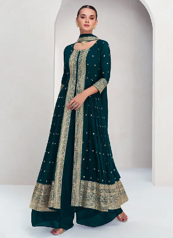 Dark Green Embroidery Traditional Palazzo Suit