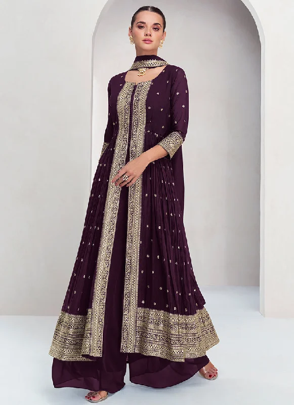 Deep Purple Embroidery Traditional Palazzo Suit