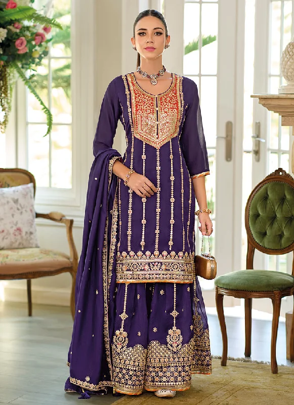 Deep Purple Multi Embroidery Wedding Sharara Suit