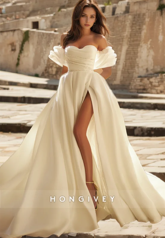 Sweet Beaded Off-Shoulder A-Line Satin Wedding Dress Floor Length