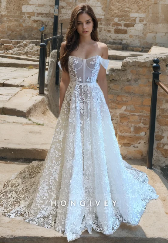 Off-Shoulder A-Line Lace Applique Sheer With Train Wedding Dress