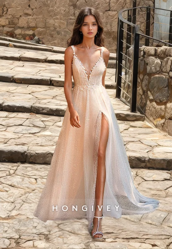 HONGIVEY Glitter V-Neck Straps Wedding Dresseswith Train Slit Organza Bridal Dress