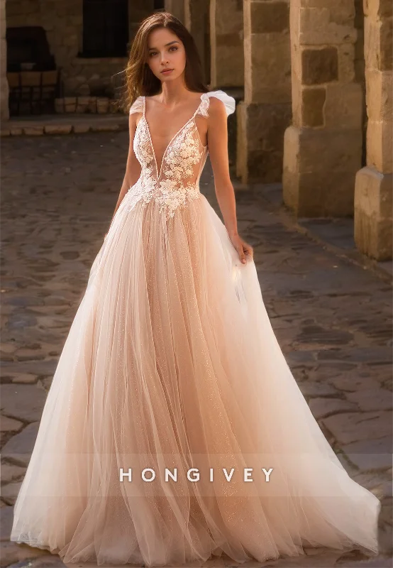 HONGIVEY Sexy V-Neck Wedding Dresses Glitter A-Line Backless Bridal Dress