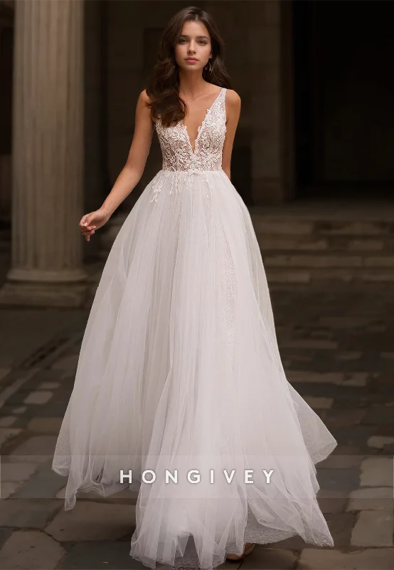 HONGIVEY Straps Lace Wedding Dresses A-Line Tulle Floor Length Bridal Dress