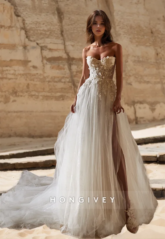 HONGIVEY Lace Applique Wedding Dresses with Train Sweetheart Side Slit Bridal Dress