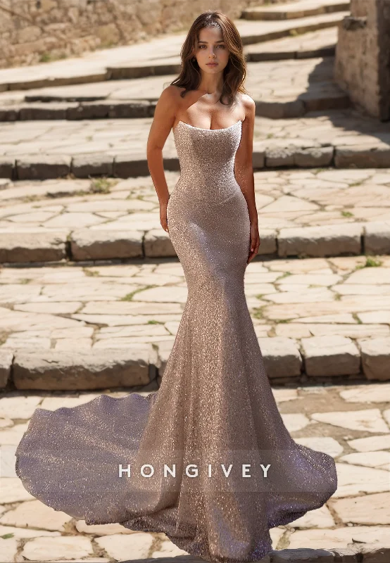 HONGIVEY Sparkle Mermaid Wedding Dresses with Train New Wedding Gown