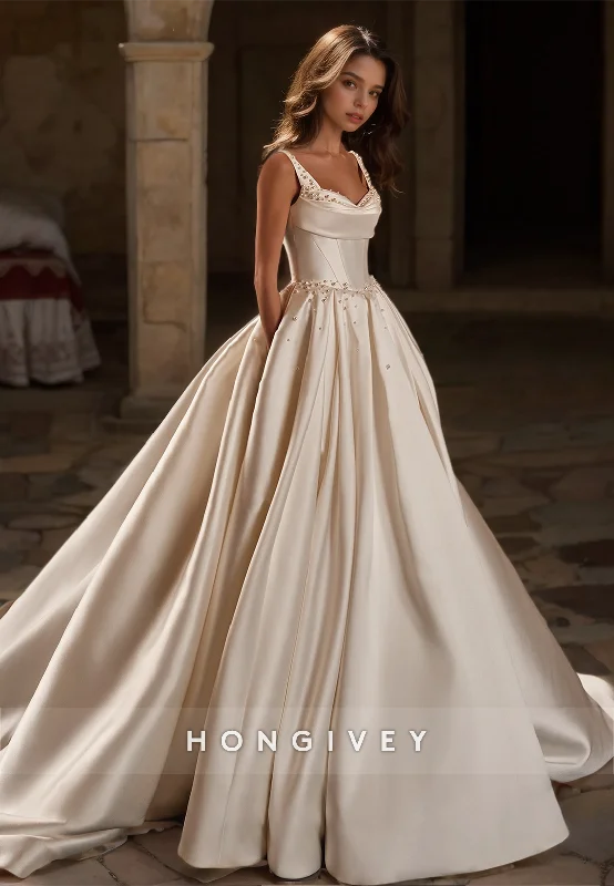 HONGIVEY New Satin Wedding Dresses with Train Straps A-Line Beaded Wedding Gown