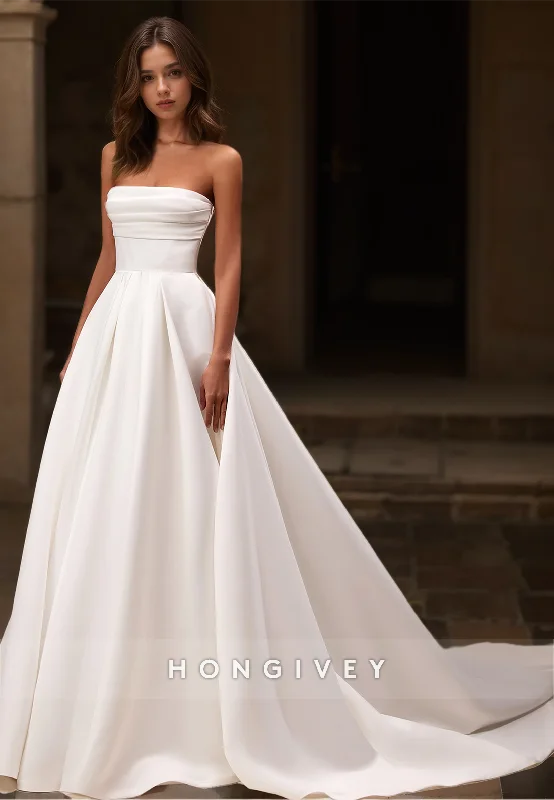 HONGIVEY Strapless Satin A-Line Wedding Dresses with Train