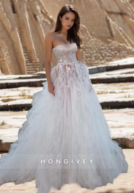 HONGIVEY New A-Line Lace Applique Organza Wedding Dress with Train