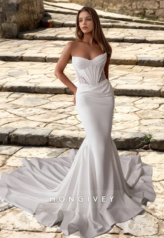 HONGIVEY Mermaid Wedding Dress with Train Sweetheart Strapless Sleeveless Bride Gown