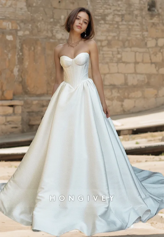 HONGIVEY A-Line Wedding Dress Classic Strapless Sweetheart Satin Bride Gown