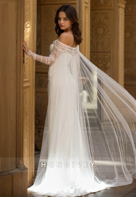 HONGIVEY Tulle Beach Wedding Dress Cap Sleeves Off-Shoulder Pearls Bride Gown