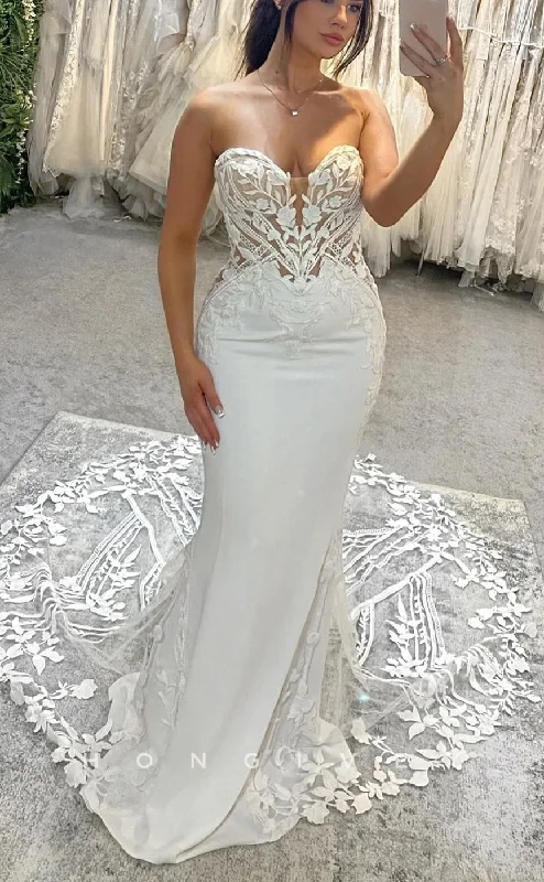 H1704 - Trumpet Sweetheart Strapless Appliques Illusion With Lace Train Wedding Dress