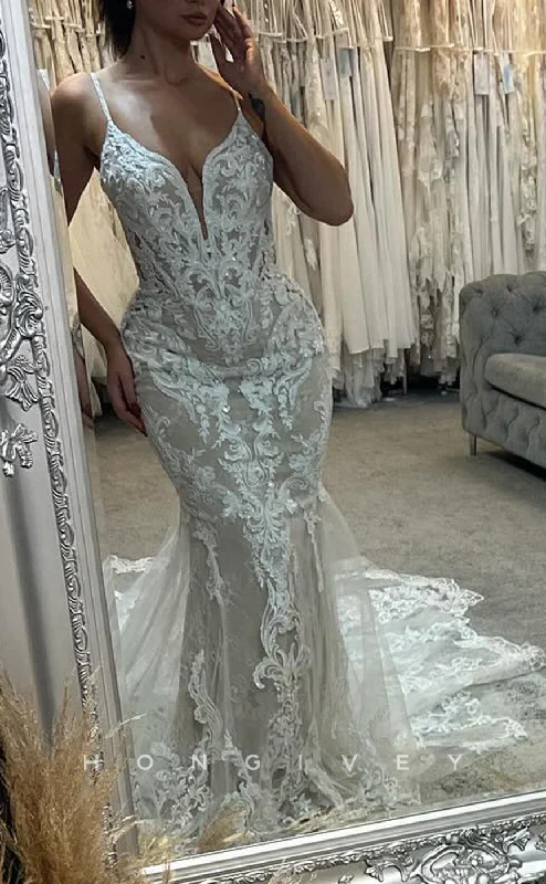 H1706 - Lace V-Neck Spaghetti Straps Fully Appliques Trumpet Wedding Dress