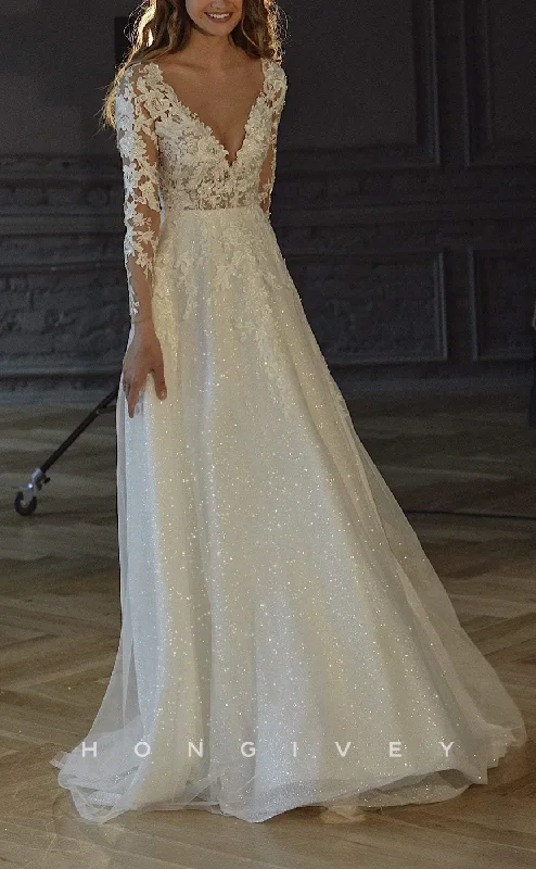 H1712 - Glitter A-Line V-Neck Long Sleeve Lace Applique Wedding Dress