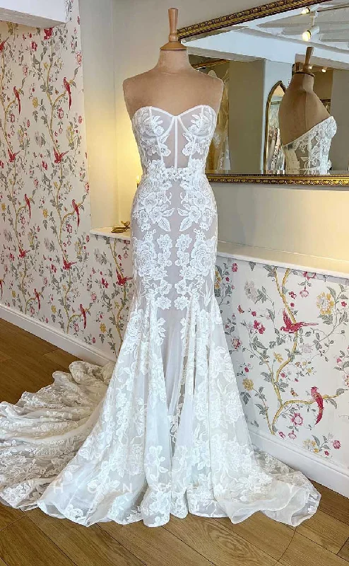 H1723 - Sweetheart Strapless Trumpet Lace Applique With Train Sheer Wedding Dress