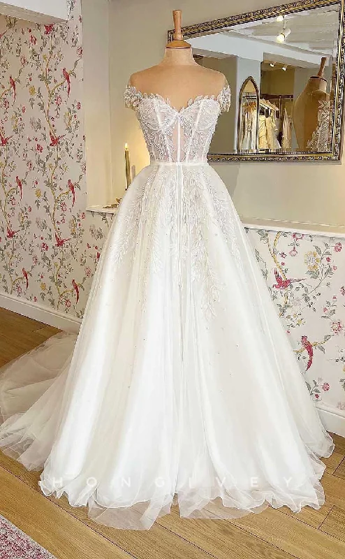 H1727 - A-Line Tulle Sweetheart Off-Shoulder Appliques Sheer Wedding Dress