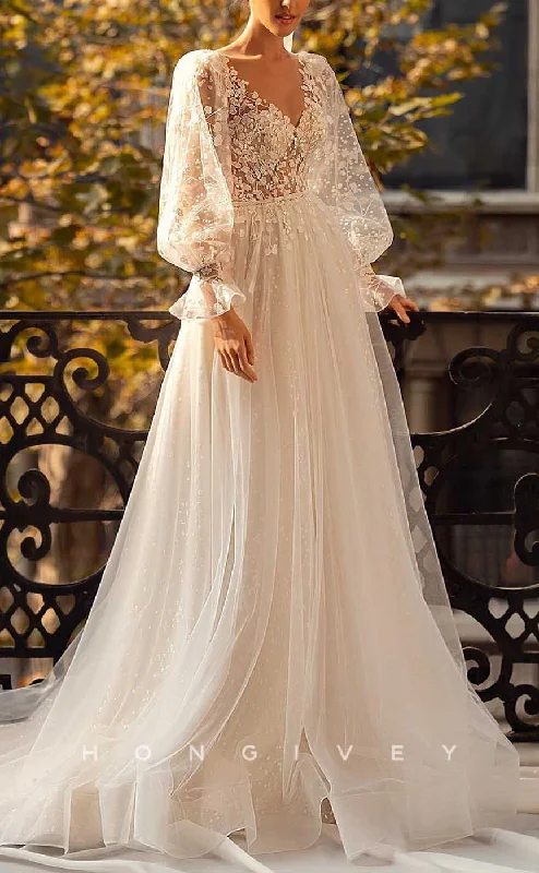 H1736 - Boho V-Neck Long Sleeve Sheer Empire Appliques Wedding Dress