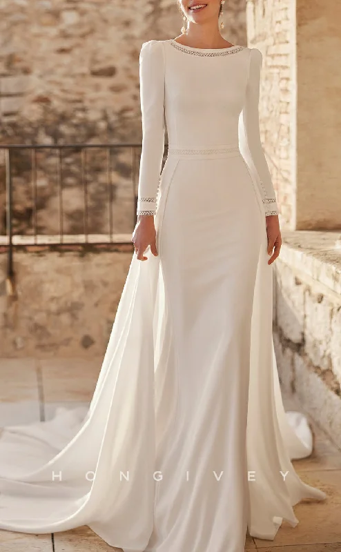 H1761 - Elegant Satin Fitted Scoop Long Sleeve Beaded With Train Wedding Dress