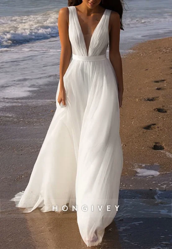 H1767 - A-Line V-Neck Sleeveless Chiffon Beach Wedding Dress