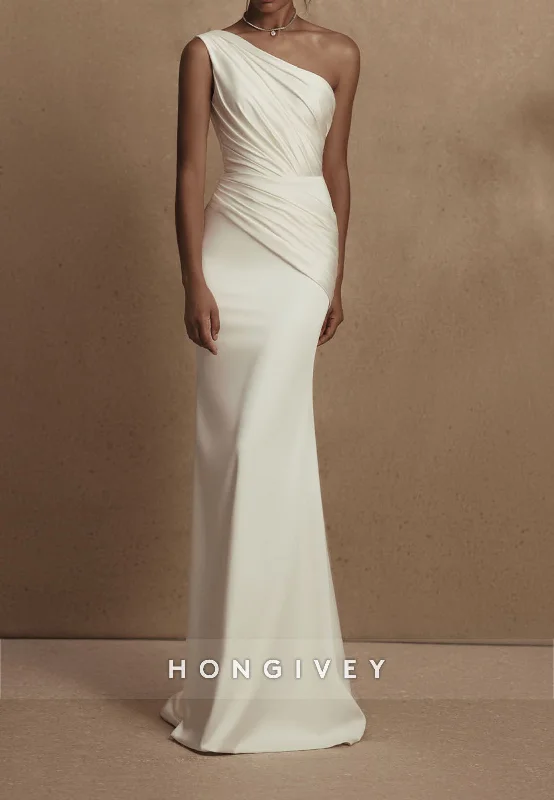 H1773 - Simple Satin Trumpet One Shoulder Ruched Beach Wedding Dress