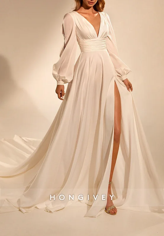 H1774 - Sheer A-Line V-Neck Long Sleeve With Side Slit Beach Wedding Dress