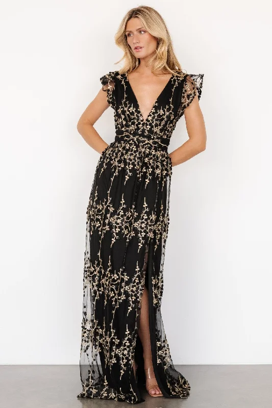 Eva Embroidered Maxi Dress | Black + Gold