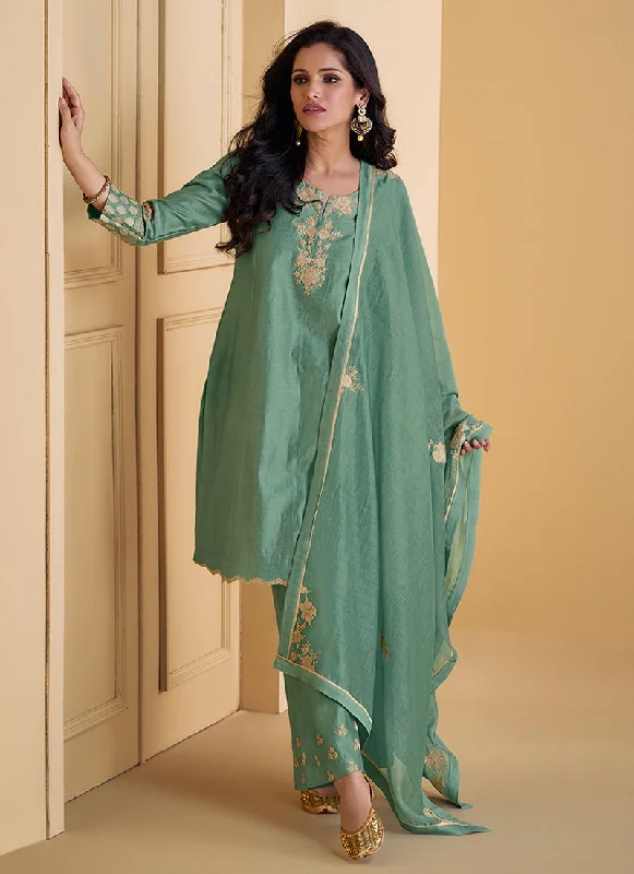 Green Embroidered Party Wear Pant Style Suit