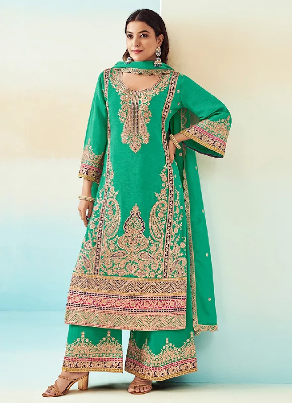 Green Embroidered Traditional Palazzo Style Salwar Suit