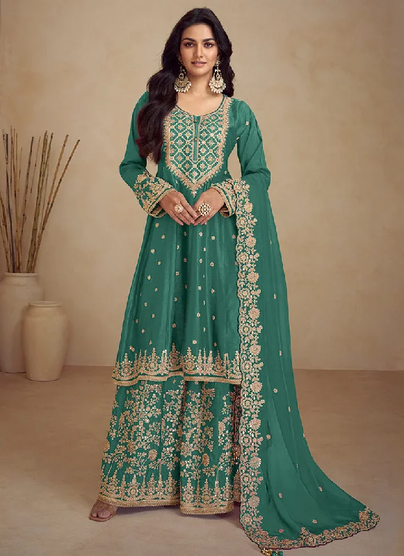 Green Embroidery Anarkali Sharara Suit