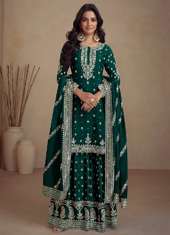 Green Embroidery Designer Sharara Suit