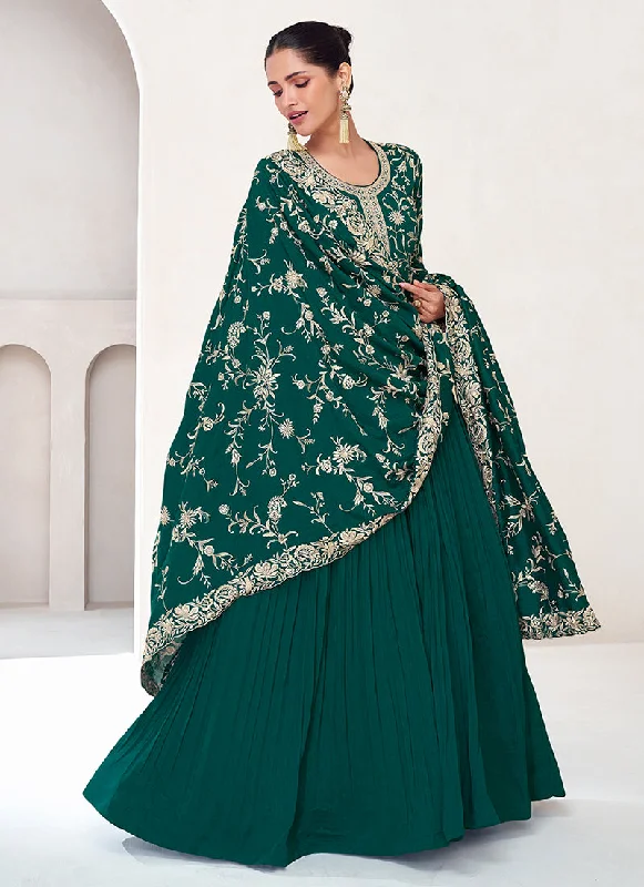 Green Golden Embroidery Designer Anarkali Gown Dress