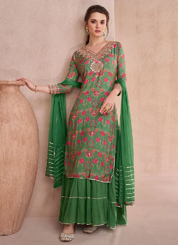 Green Multi Embroidery Printed Lehenga Kurti