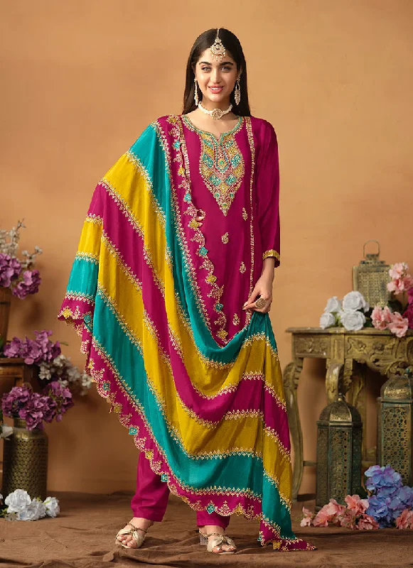 Magenta Multi Embroidery Traditional Pant Style Suit